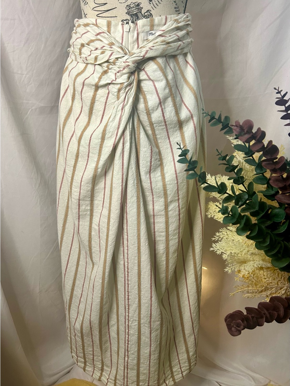 Madewell Cream Midi Skirt with Red & Tan Stripes